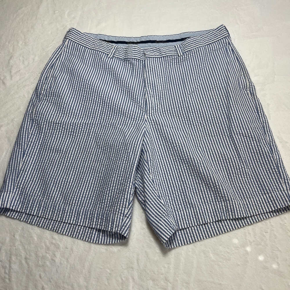 Brooks Brothers Shorts Mens 36 blue white Seersucker Flat‎ Front Shorts